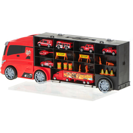20 delige Brandweer truck vrachtwagen met auto opberger en launcher 57cm rood