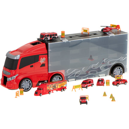 20 delige Brandweer truck vrachtwagen met auto opberger en launcher 57cm rood