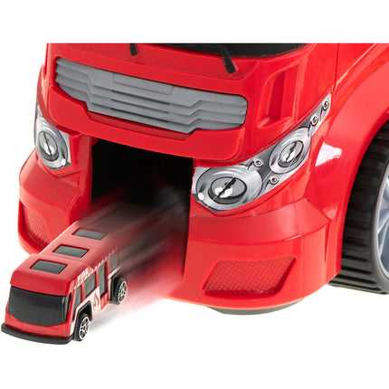 20 delige Brandweer truck vrachtwagen met auto opberger en launcher 57cm rood