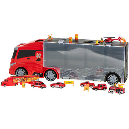 20 delige Brandweer truck vrachtwagen met auto opberger en launcher 57cm rood