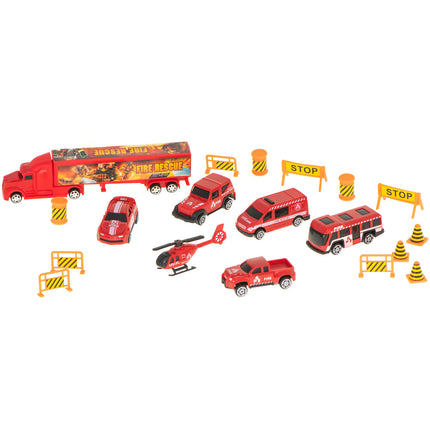 20 delige Brandweer truck vrachtwagen met auto opberger en launcher 57cm rood
