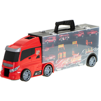 20 delige Brandweer truck vrachtwagen met auto opberger en launcher 57cm rood