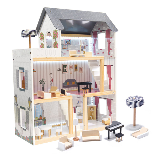 Zeer luxe grote houten poppenhuis/ speelhuis met meubels met LED verlichting 78 cm