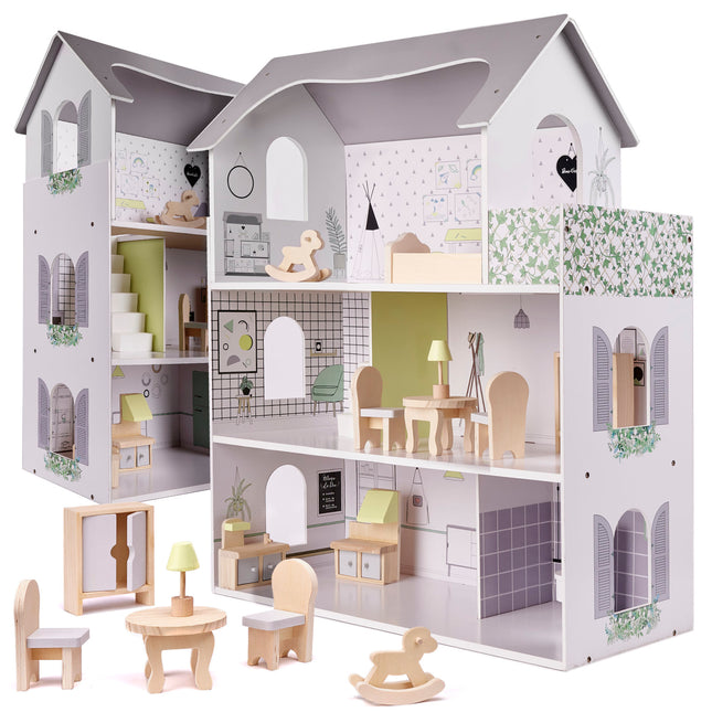 Zeer luxe grote houten poppenhuis/ speelhuis met meubels 70 cm grijs