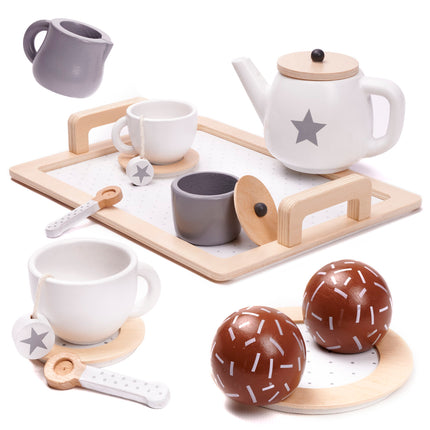 14 delige houten theeservies - koffieservies voor kinderen -houten servies set - duurzaam