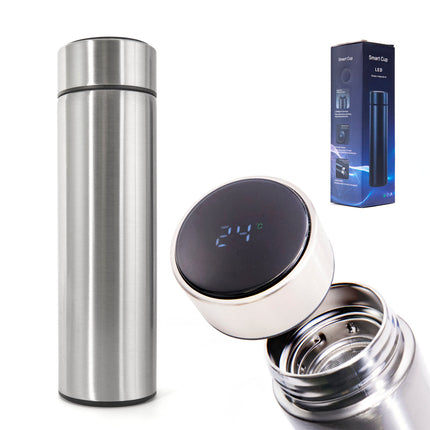 Thermosbeker en thermosfles met LED graden display en thee / koffie zeef 500 ml zilver