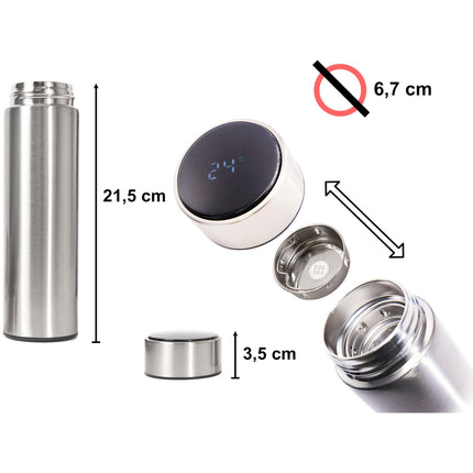 Thermosbeker en thermosfles met LED graden display en thee / koffie zeef 500 ml zilver