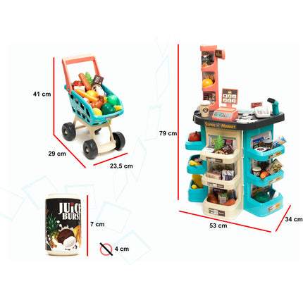 Speelgoed winkeltje met kassa, winkelwagen, barcodescanner en pinapparaat en 47 accessoires mint 53x34x79cm