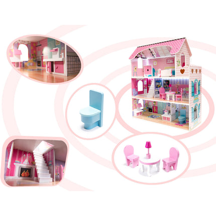 Zeer luxe grote houten poppenhuis/ speelhuis met meubels met LED verlichting 70 cm roze