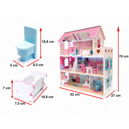 Zeer luxe grote houten poppenhuis/ speelhuis met meubels met LED verlichting 70 cm roze