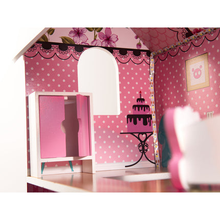 Zeer luxe grote houten poppenhuis/ speelhuis met meubels met LED verlichting 70 cm roze