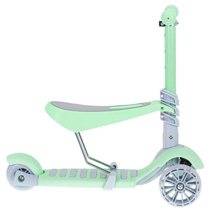 Balans 3 in 1 step met zitje - driewieler - skateboard met lichtgevende wielen tot 20kg mint groen