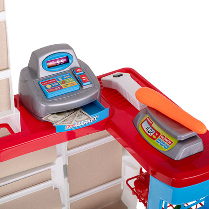 Speelgoed winkeltje met kassa, winkelwagen, barcodescanner en pinapparaat en 47 accessoires 48cm x 41cm x 82cm