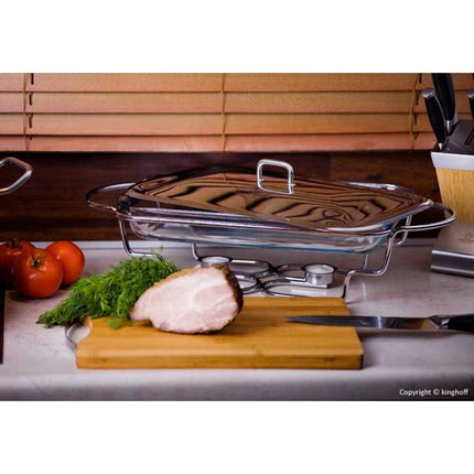 Kinghoff KH-1410 rechthoekige chafing dish en warmhoudbak van glas 3L zilver / transparant