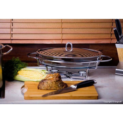 Kinghoff KH-1411 ovalen chafing dish en warmhoudbak van glas 3L zilver / transparant