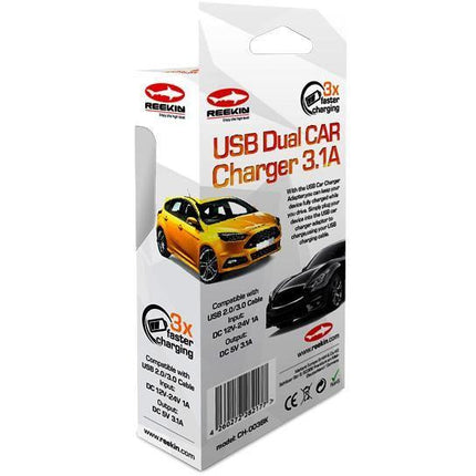 Reekin autolader met Ampère display USB 12V/24V 3.1 Ampère zwart/zilver