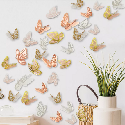 Cake topper 3D decoratie vlinders of muur decoratie met plakkers 20 stuks Goud/Roze - 3D vlinders - VL-05