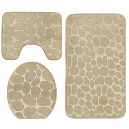 Homely luxe 3 delige badkamermatten set met antislip - toilet badkamer wc bril mat - TR-6 3D stone look crème