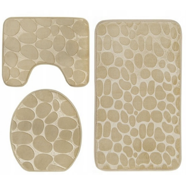 Homely luxe 3 delige badkamermatten set met antislip - toilet badkamer wc bril mat - TR-6 3D stone look crème