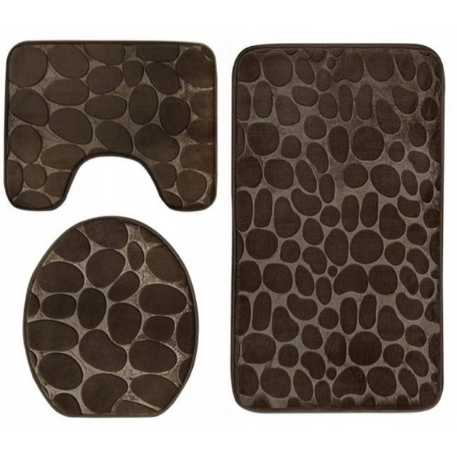Homely luxe 3 delige badkamermatten set met antislip - toilet badkamer wc bril mat - TR-6 3D stone look donkerbruin
