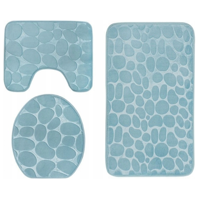 Antislip Badkamermatten Set 3-Delig – Turquoise 3D Stone Look Polyester Badmat & WC-Mat Set Met Veilige Grip