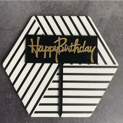 Cake topper taartversiering ''Happy birthday'' rechthoekig goud/zwart