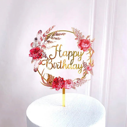 Cake topper happy birthday rond met bloemen roze RO-02