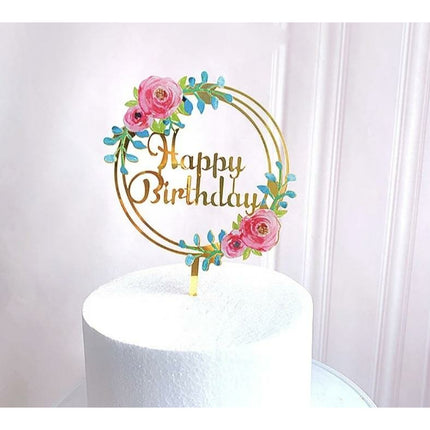 Cake topper happy birthday rond met bloemen roze RO-01