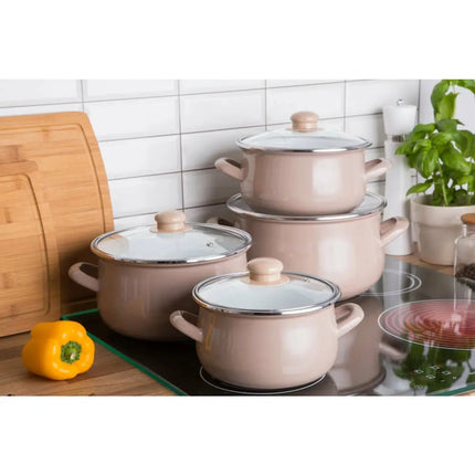Silesia Klara vintage beige 8 delige emaille retro pannenset - geschikt voor inductie Silesia