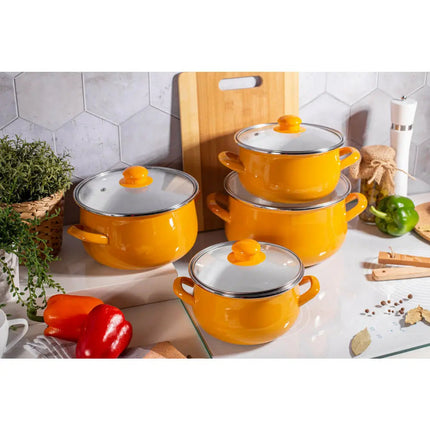 Silesia Klara vintage geel 8 delige emaille retro pannenset - geschikt voor inductie Silesia