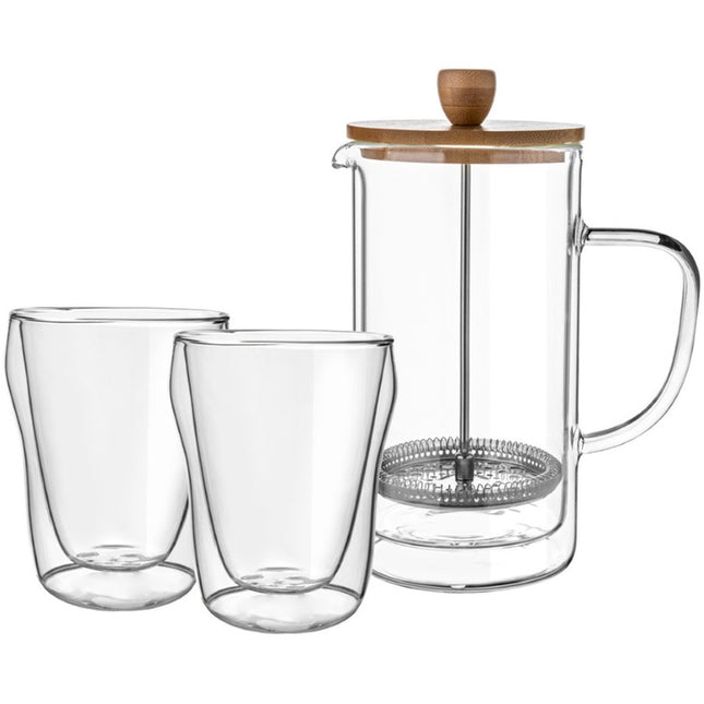 Florina Malachit dubbelwandige french press /cafetiere met 2 glazen set van 3