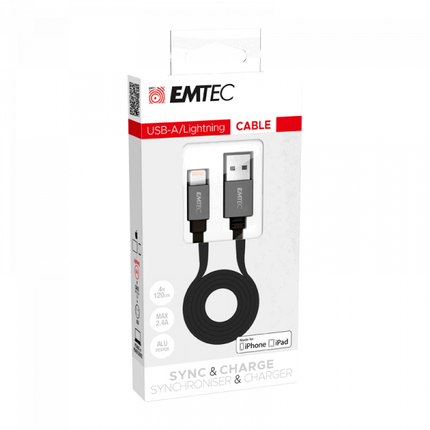 Emtec oplaadkabel USB-A naar Lightning 1,2 meter Flat zwart/zilver