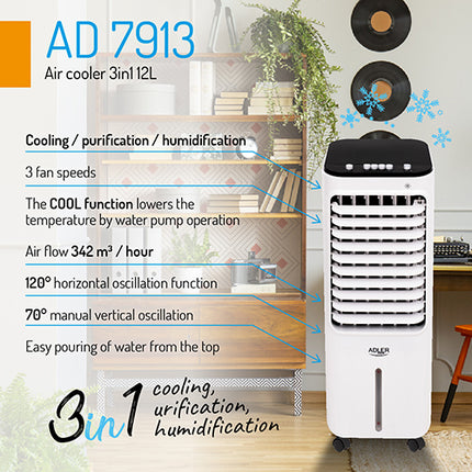 Adler 3 in 1 luchtkoeler / air cooler 12L AD 7913 wit/zwart