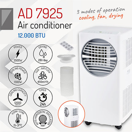 Adler 3 in 1 mobiele airco / airconditioner 12000 BTU AD 7925 wit/grijs
