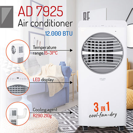 Adler 3 in 1 mobiele airco / airconditioner 12000 BTU AD 7925 wit/grijs