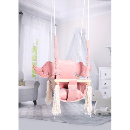 Luxe houten olifant handgemaakte roze babyschommel/ kinderschommel met olifant oor vormig kussen
