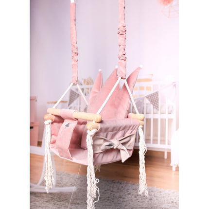 Luxe houten handgemaakte roze babyschommel/ kinderschommel met kroon vormig kussen