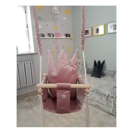 Luxe houten handgemaakte roze babyschommel/ kinderschommel met kroon vormig kussen