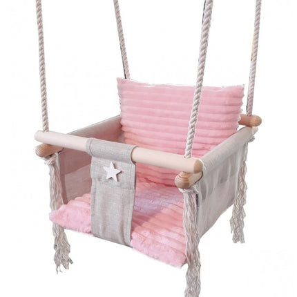 Luxe houten handgemaakte linnen babyschommel/ kinderschommel met roze kussen