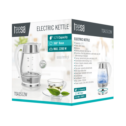 Teesa TSA1512W Elektrische glazen waterkoker 1,7 liter RVS/wit