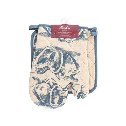 Miss Lucy Pepper ovenhandschoen en pan lap set van 2 stuks 18 x 25 cm zalm/blauw