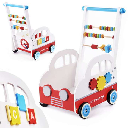 Houten educatieve baby loopwagen looptrainer - kinderwagen telraam klok tandwielen - loophulp