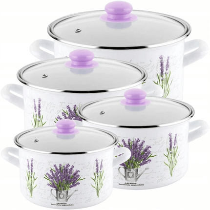 Emalia Bukiet Lavendel decoratie 8 delige emaille pannenset  - geschikt voor inductie Emalia