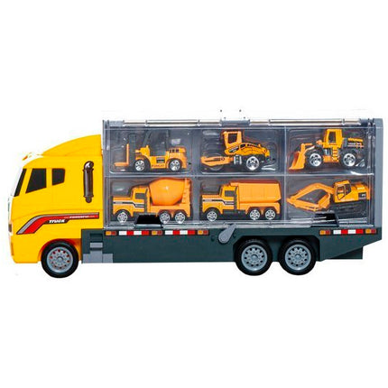 Speelgoed vrachtwagen met heftruck, wals, bulldozer, cement wagen 36 x 15 x 9.5 cm geel