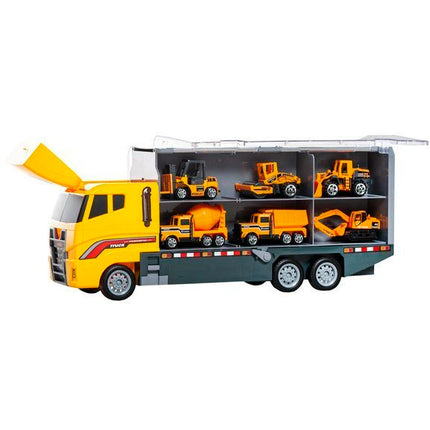 Speelgoed vrachtwagen met heftruck, wals, bulldozer, cement wagen 36 x 15 x 9.5 cm geel