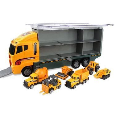Speelgoed vrachtwagen met heftruck, wals, bulldozer, cement wagen 36 x 15 x 9.5 cm geel