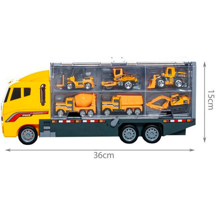 Speelgoed vrachtwagen met heftruck, wals, bulldozer, cement wagen 36 x 15 x 9.5 cm geel