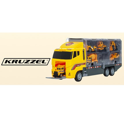 Speelgoed vrachtwagen met heftruck, wals, bulldozer, cement wagen 36 x 15 x 9.5 cm geel