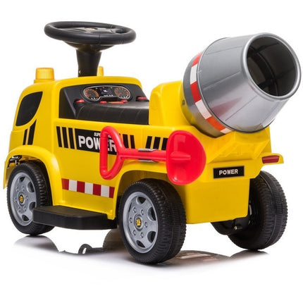 Elektrische kinderauto - betonauto - betonmixer vrachtwagen - tot 20kg max 1-3 km/h met geluid en licht en schep geel