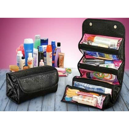 Roll-N-Go compacte cosmetica tas/toilettas voor op reis met 4 aparte vakken zwart